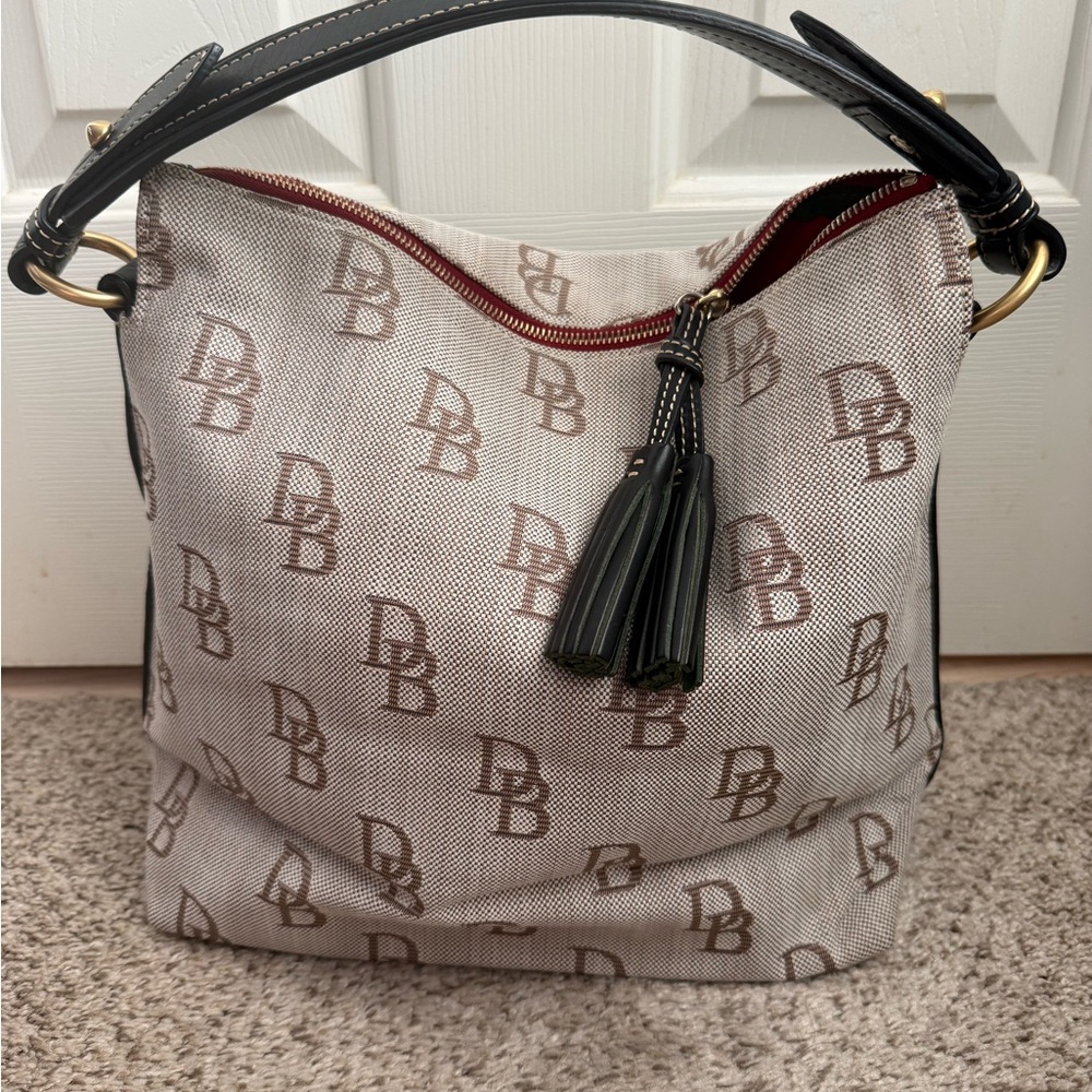 Dooney & Bourke Beige Canvas Tote with Brown DB Monogram and Black Trim